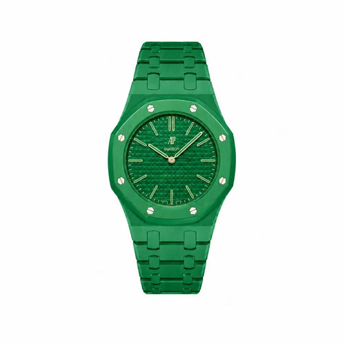 Bracelet Royal Pop Green Eight avec cadran Royal Pop clipsé — © 2026 Royal Pop Lab