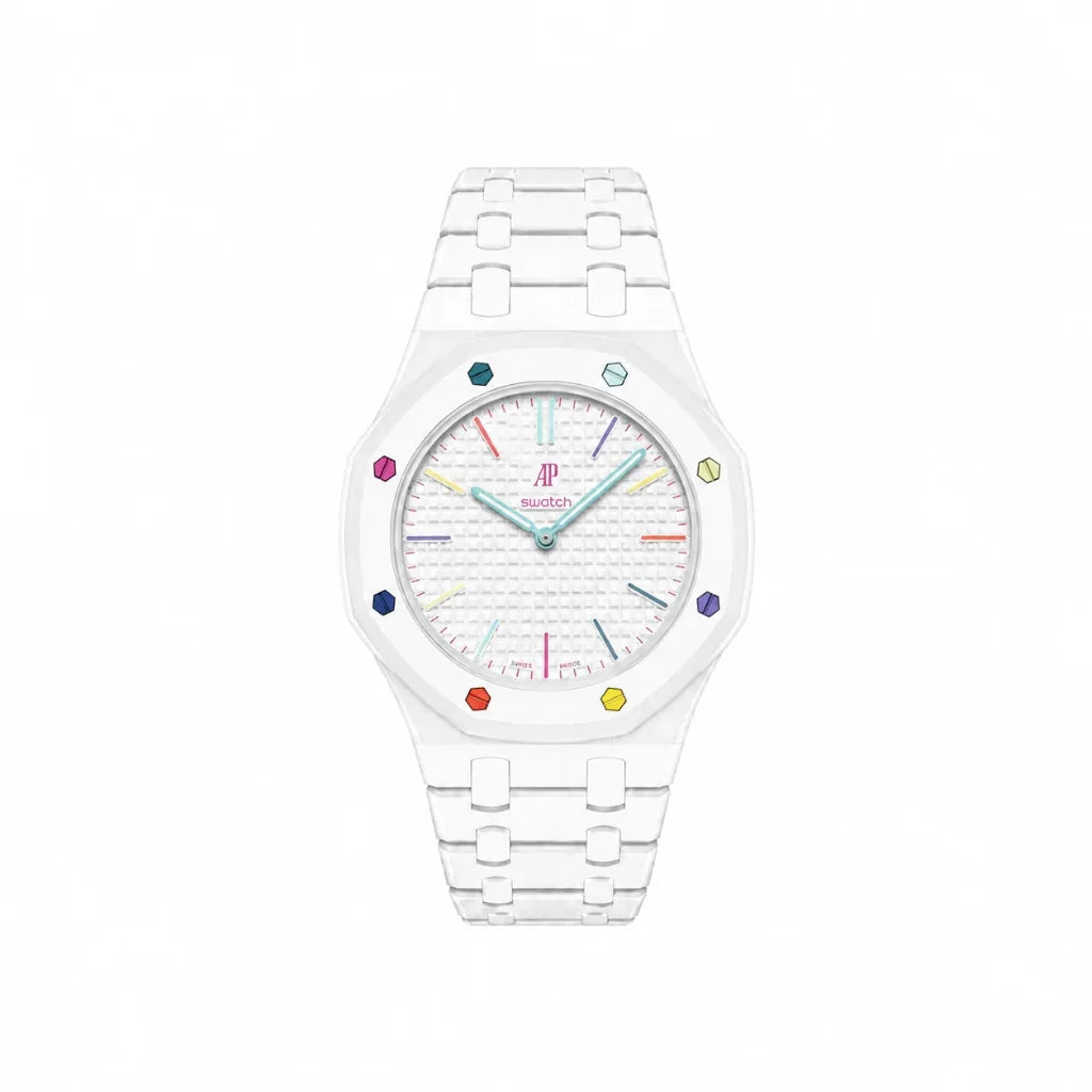Bracelet Royal Pop Huit Blanc avec cadran Royal Pop clipsé — © 2026 Royal Pop Lab
