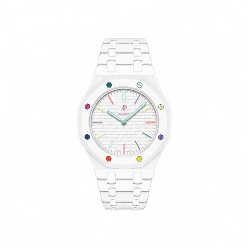 Bracelet Royal Pop Huit Blanc avec cadran Royal Pop clipsé — © 2026 Royal Pop Lab